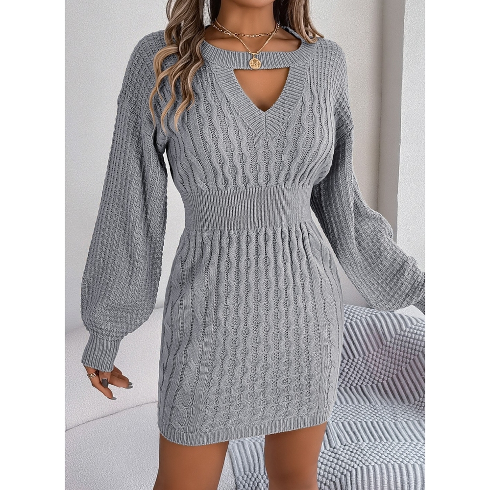 Grey Round Neck Sweater Dress